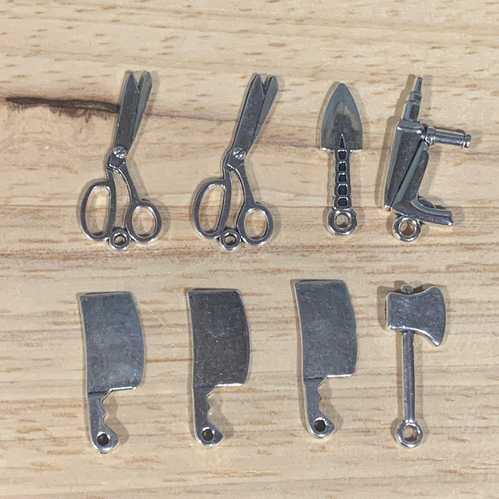 8pc Silver Tool Charms‎ Set Scissors Meat Cleaver Axe Drill Trowel Horror Goth